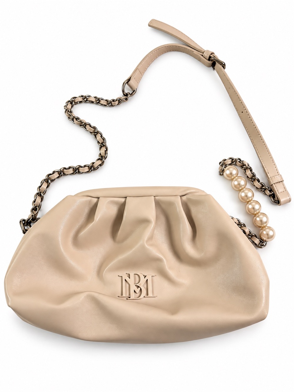 Badgley Mischka Nude Beige Convertible Ruched Clutch Shoulder Bag w/ Pearls